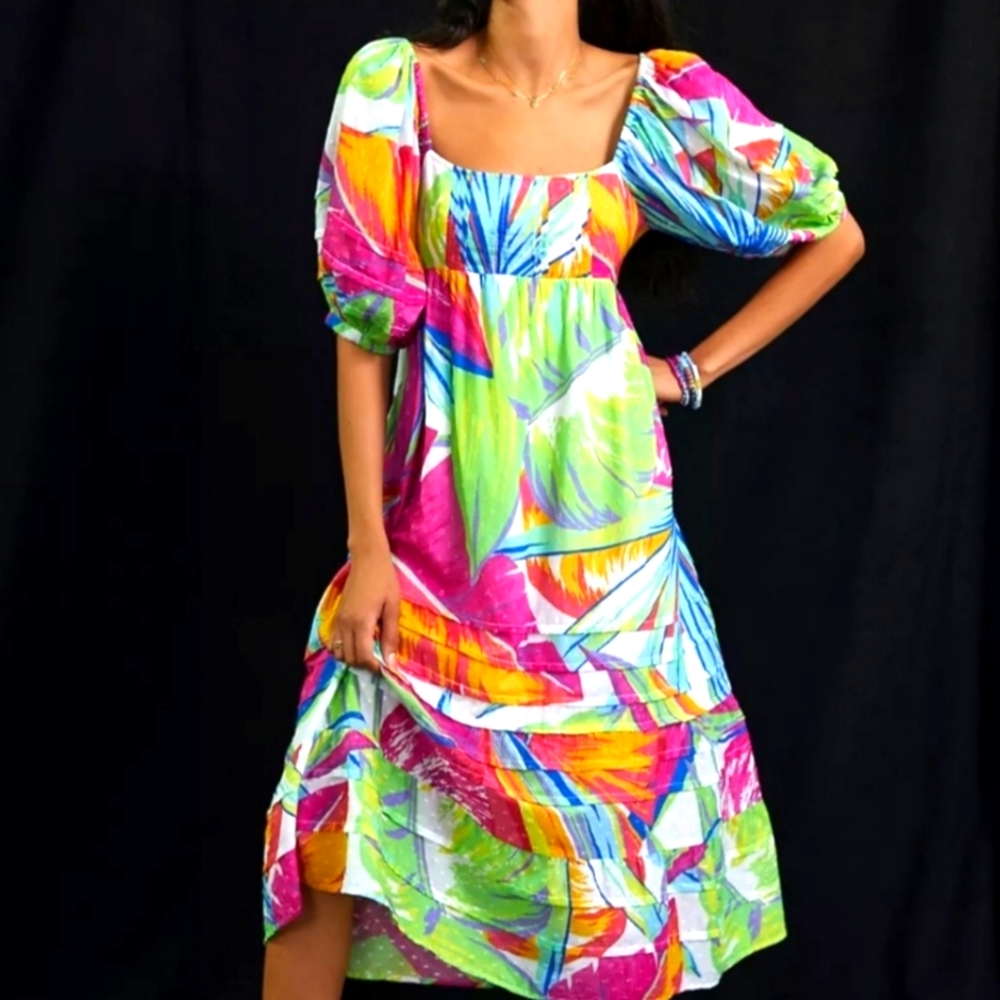 NWT Anthropologie by FARM RIO Rainbow Leaves Midi Dress